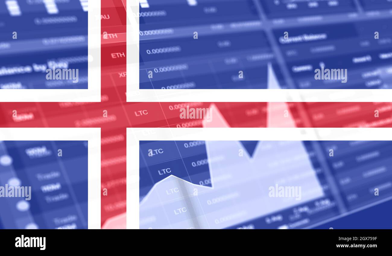 Bandiera dell'Islanda e barra del grafico del mercato azionario. Criptovaluta. Crescita dello stock di Bitcoin. Immagine concettuale per investitori in criptovaluta e Blockchain Tech Foto Stock