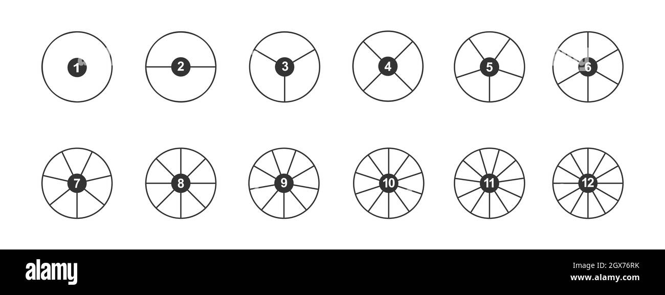 Cerchi divisi in segmenti con numeri da 1 a 12. Contorno forme arrotondate tagliate in parti uguali. Esempi di grafici a torta o ciambella semplici isolati su sfondo bianco. Illustrazione lineare vettoriale. Illustrazione Vettoriale