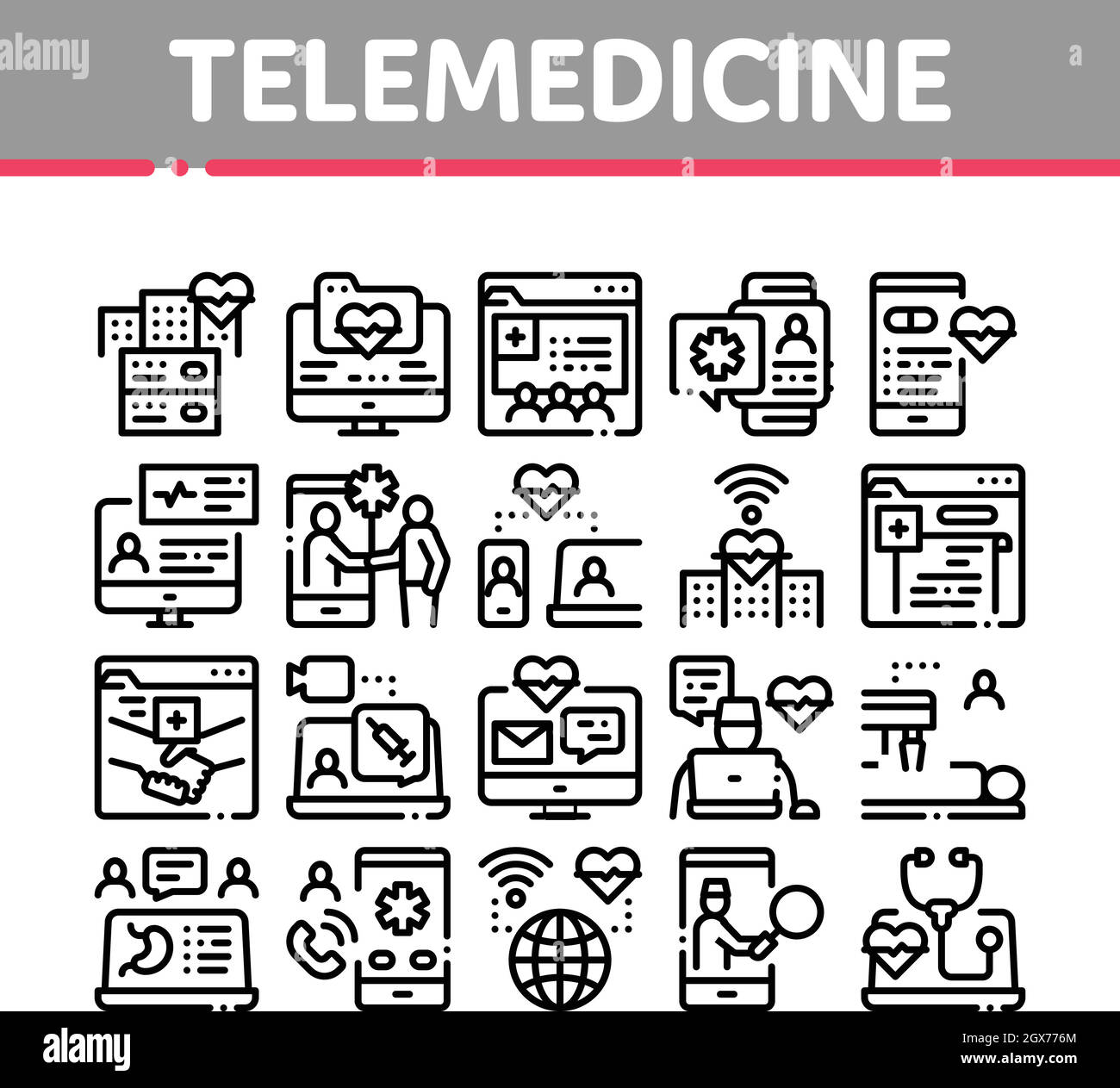 Icone della raccolta del trattamento telemedicina Imposta vettore Illustrazione Vettoriale