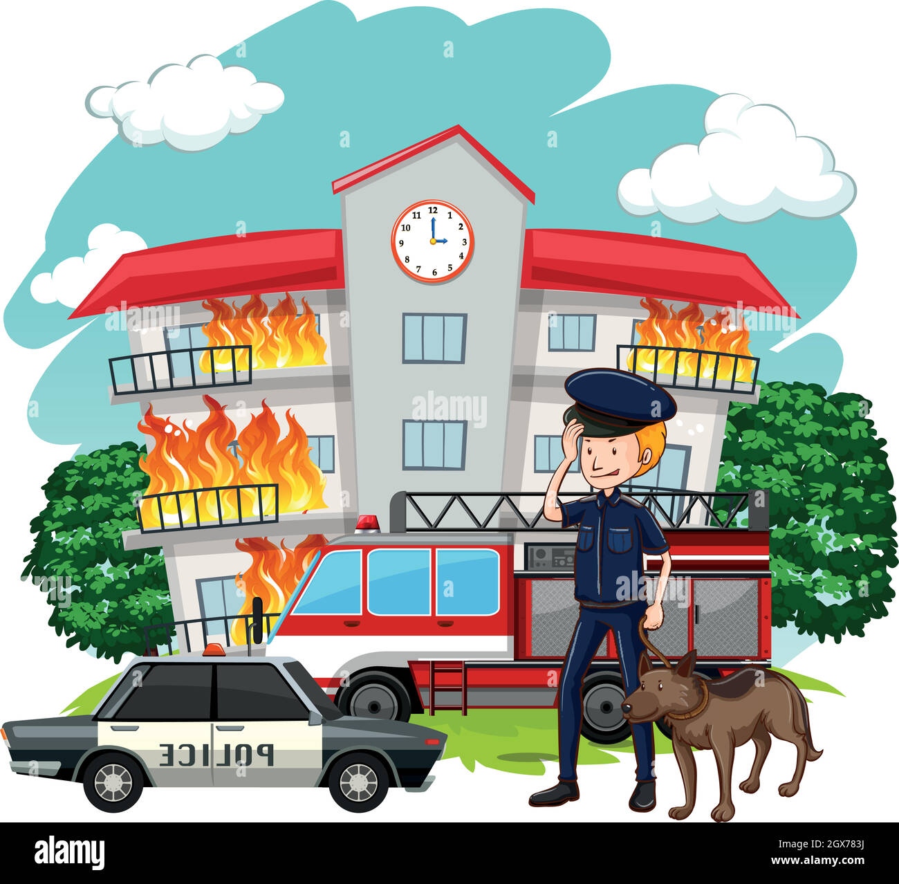 Poliziotto e cane alla scena del fuoco Illustrazione Vettoriale