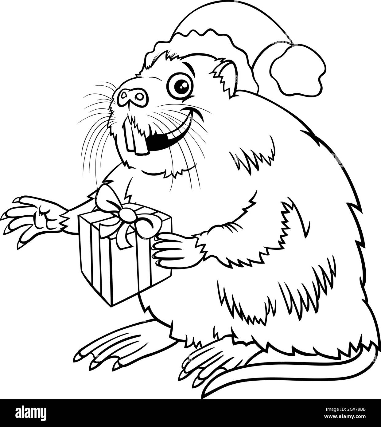 Illustrazione di fumetti in bianco e nero di carattere animale di coypu o nutria con regalo sulla pagina del libro di colorazione del tempo di Natale Illustrazione Vettoriale