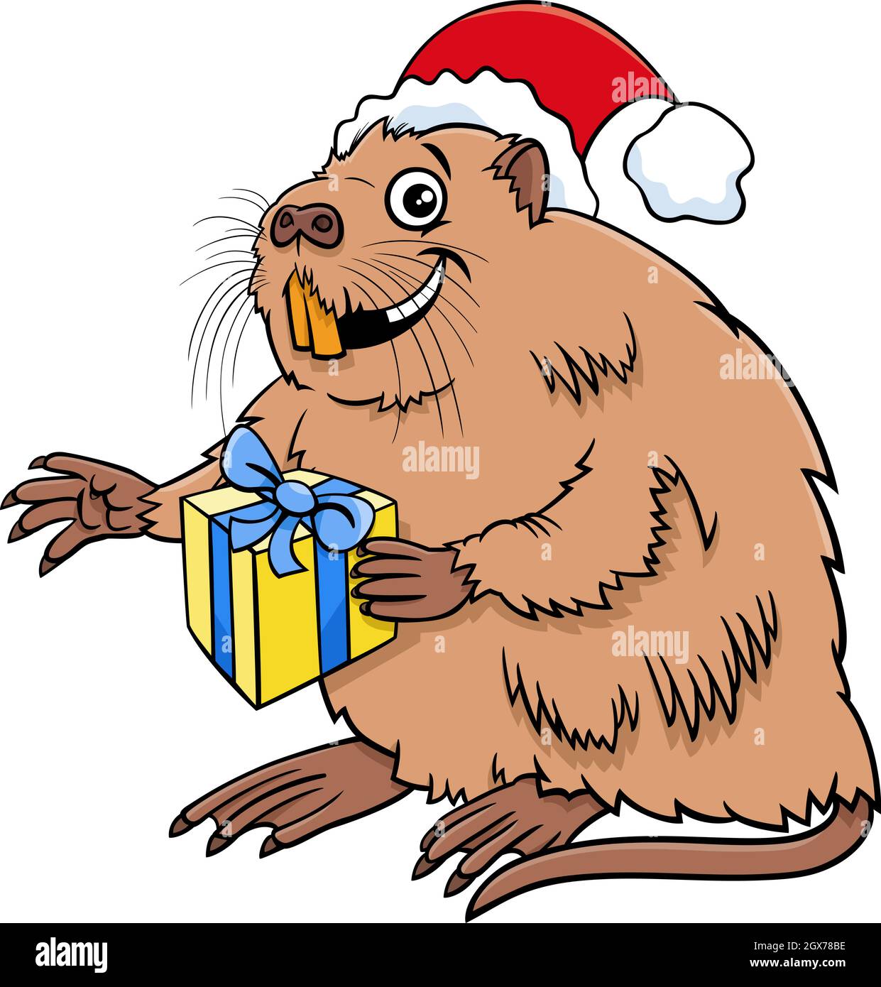 Illustrazione cartoon di carattere animale coypu o nutria con regalo nel periodo di Natale Illustrazione Vettoriale