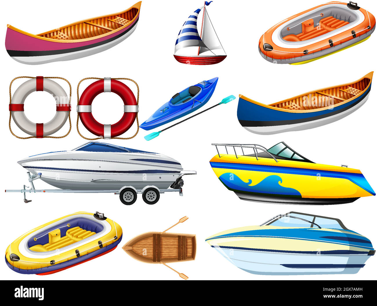 Set di diversi tipi di barche e nave isolata su sfondo bianco Illustrazione Vettoriale