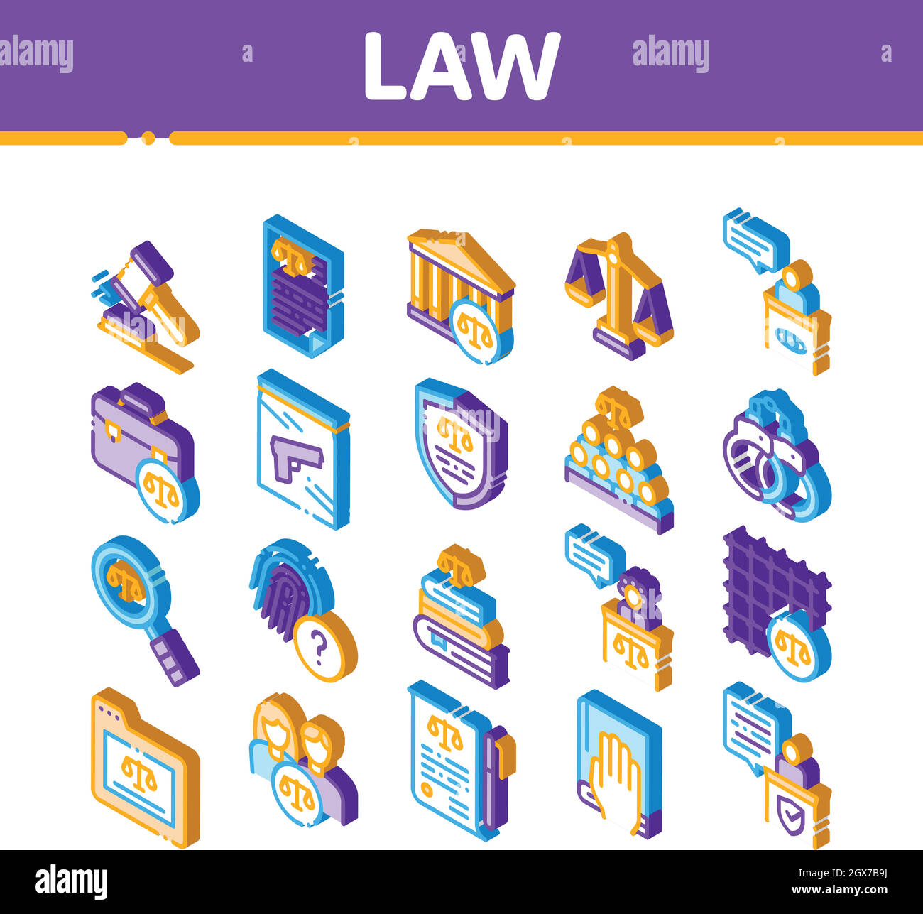 Icone isometriche legge e giudizio Imposta vettore Illustrazione Vettoriale