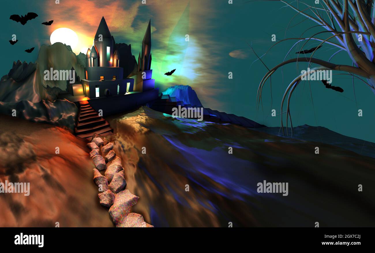 Sfondo di Halloween. Castello infestato nei boschi. Illustrazione del rendering 3D. Foto Stock