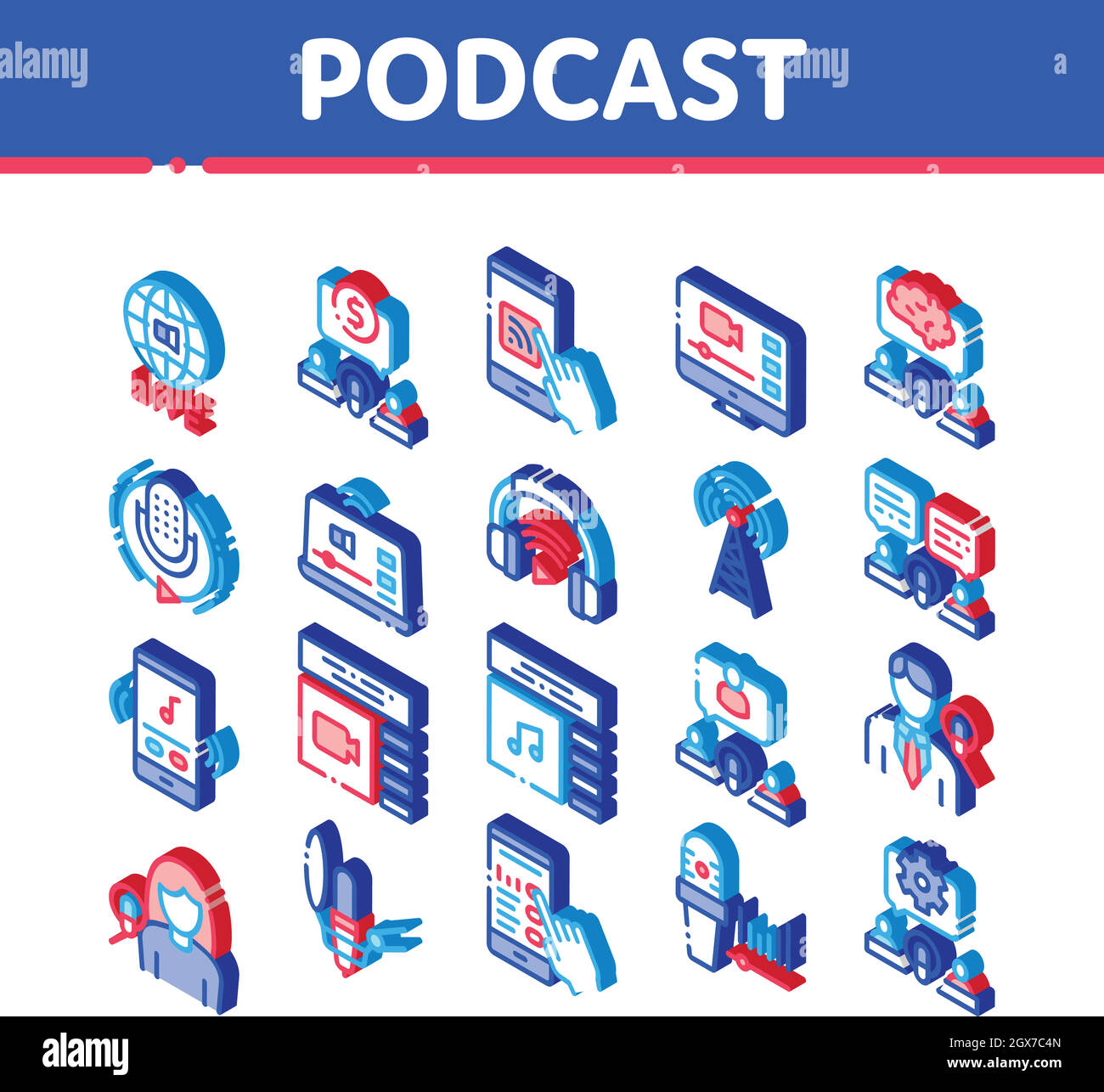 Icone isometriche podcast e radio Imposta vettore Illustrazione Vettoriale