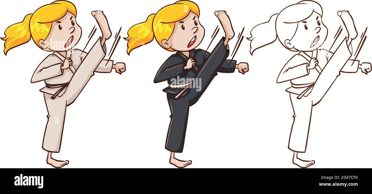 Carattere di disegno per la ragazza che fa il karate Illustrazione Vettoriale