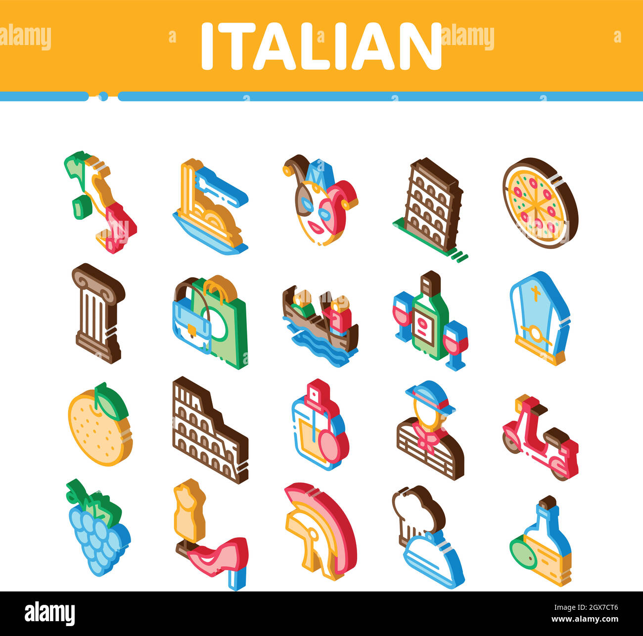 Italiano icone isometriche tradizionali Imposta vettore Illustrazione Vettoriale