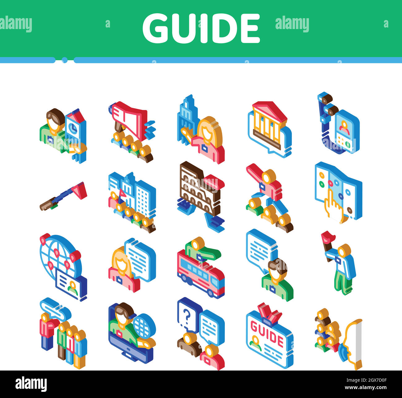 Guida Lead Traveler icone isometriche Imposta vettore Illustrazione Vettoriale