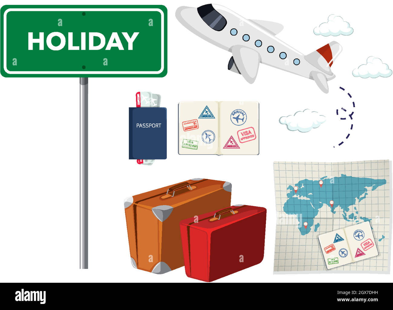 Set da viaggio con aeroplano e altri oggetti su sfondo bianco Illustrazione Vettoriale