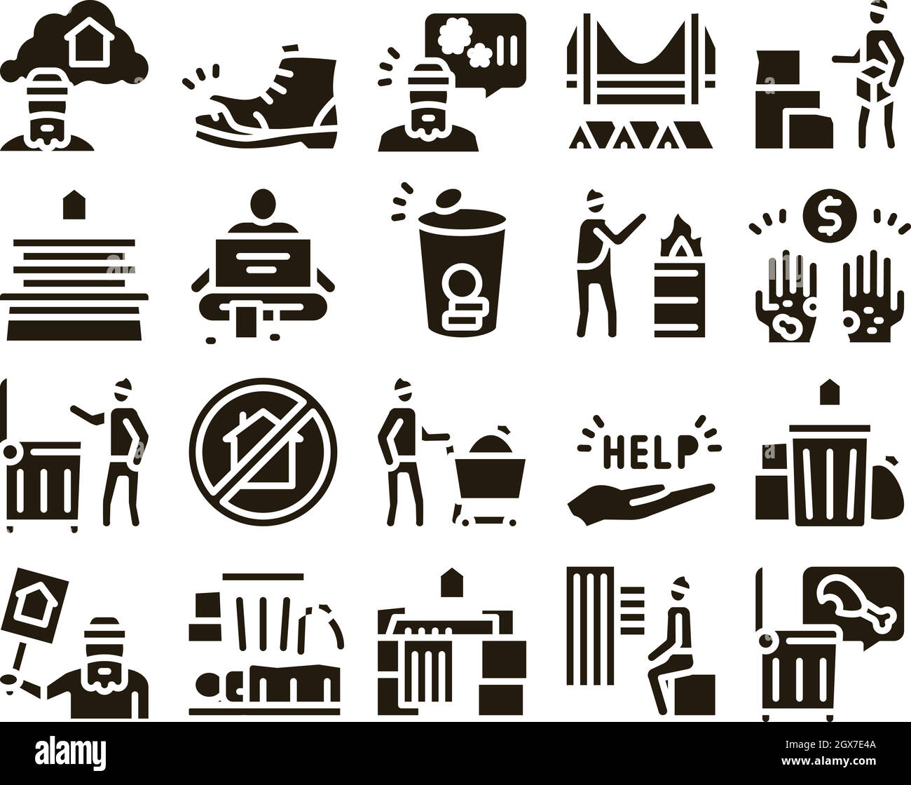 Senza tetto Beggar People Glyph Set Vector Illustrazione Vettoriale