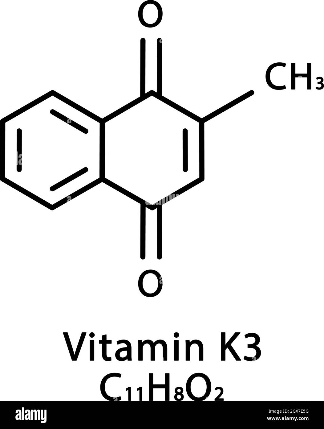 Struttura molecolare del menadione della vitamina K3. Vitamina K3 menadione formula chimica scheletrica. Formule molecolari chimiche Illustrazione Vettoriale