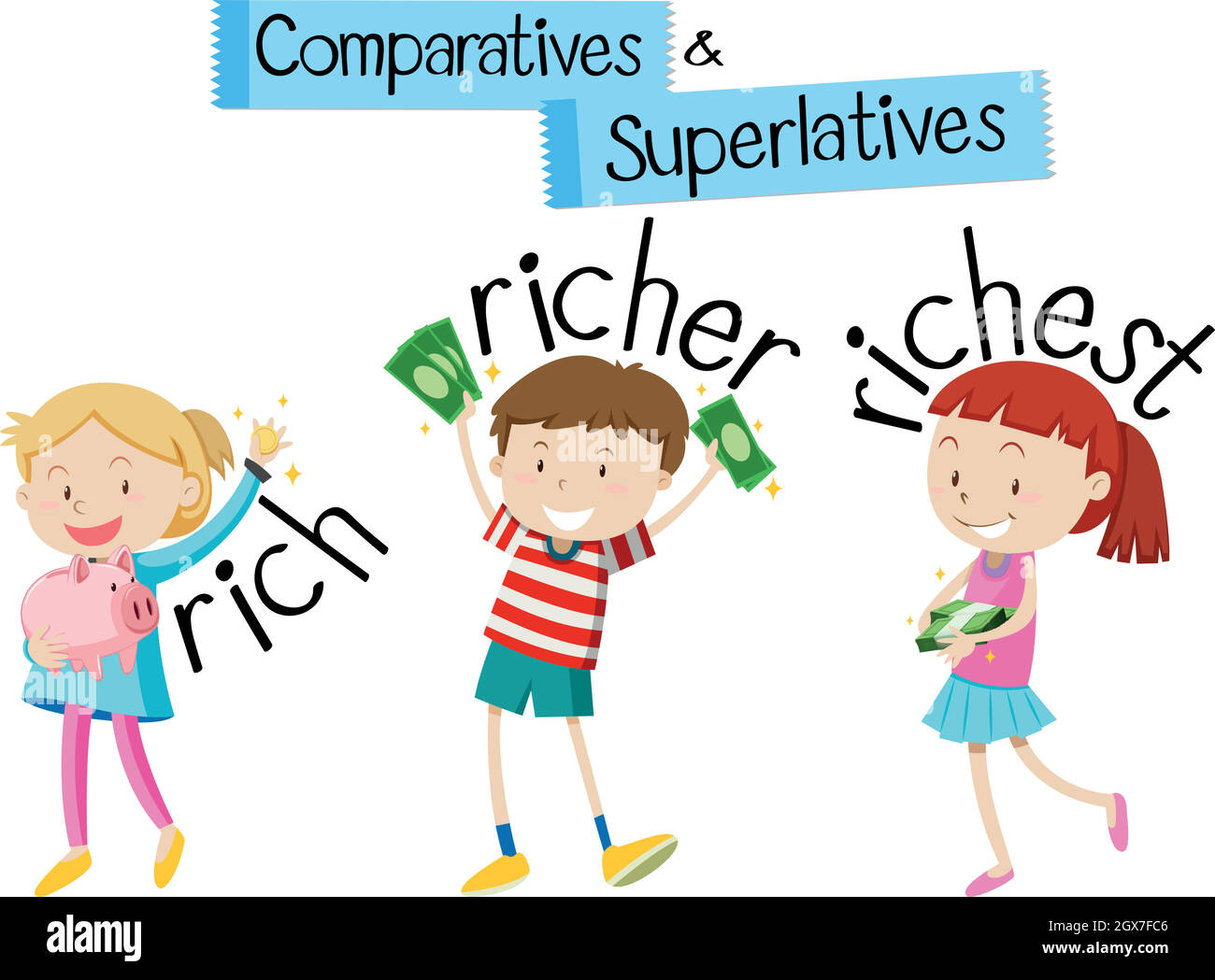 Grammatica inglese per comparativi e superlativi con bambini e parole ricche Illustrazione Vettoriale