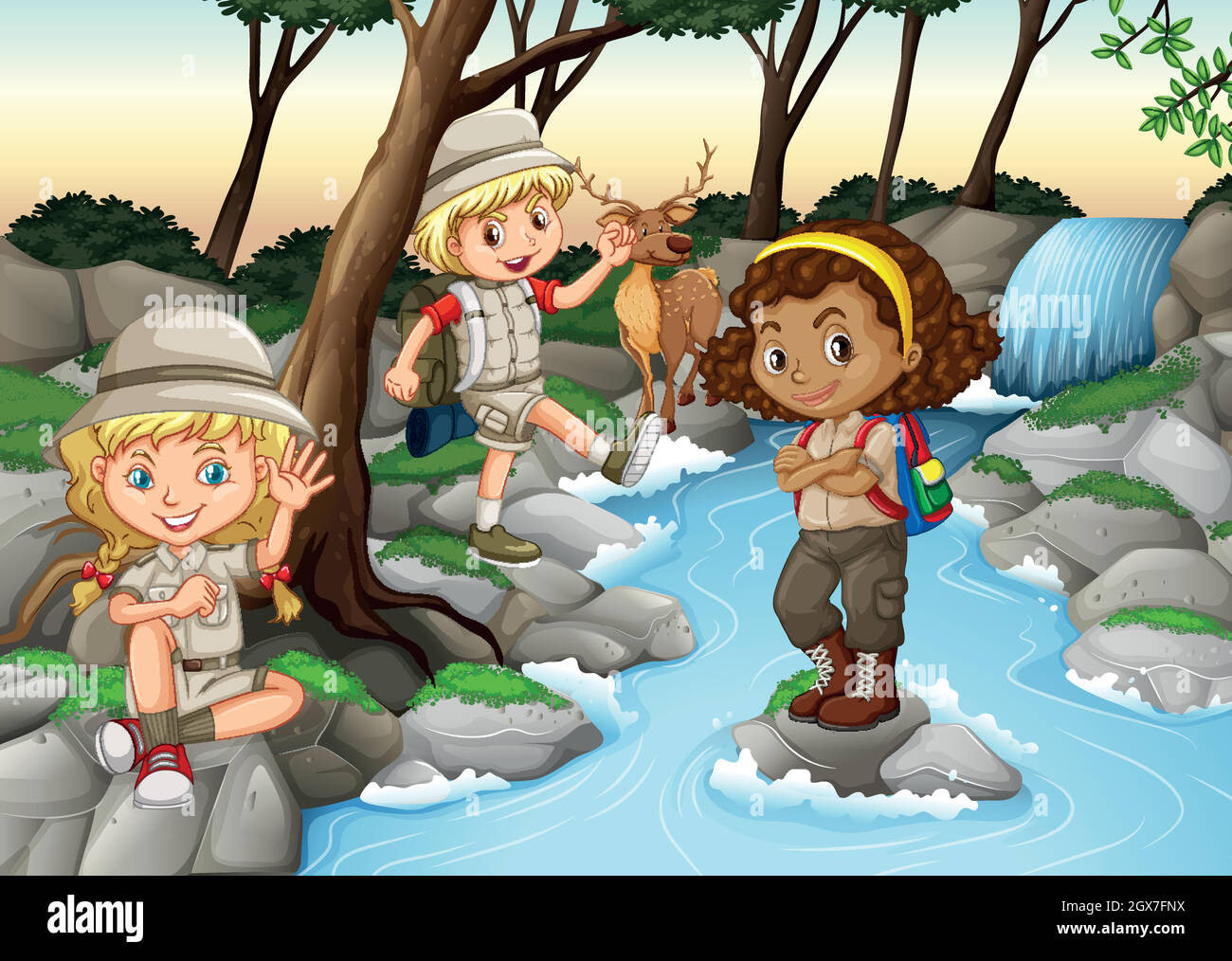 I bambini si divertono alla cascata Illustrazione Vettoriale