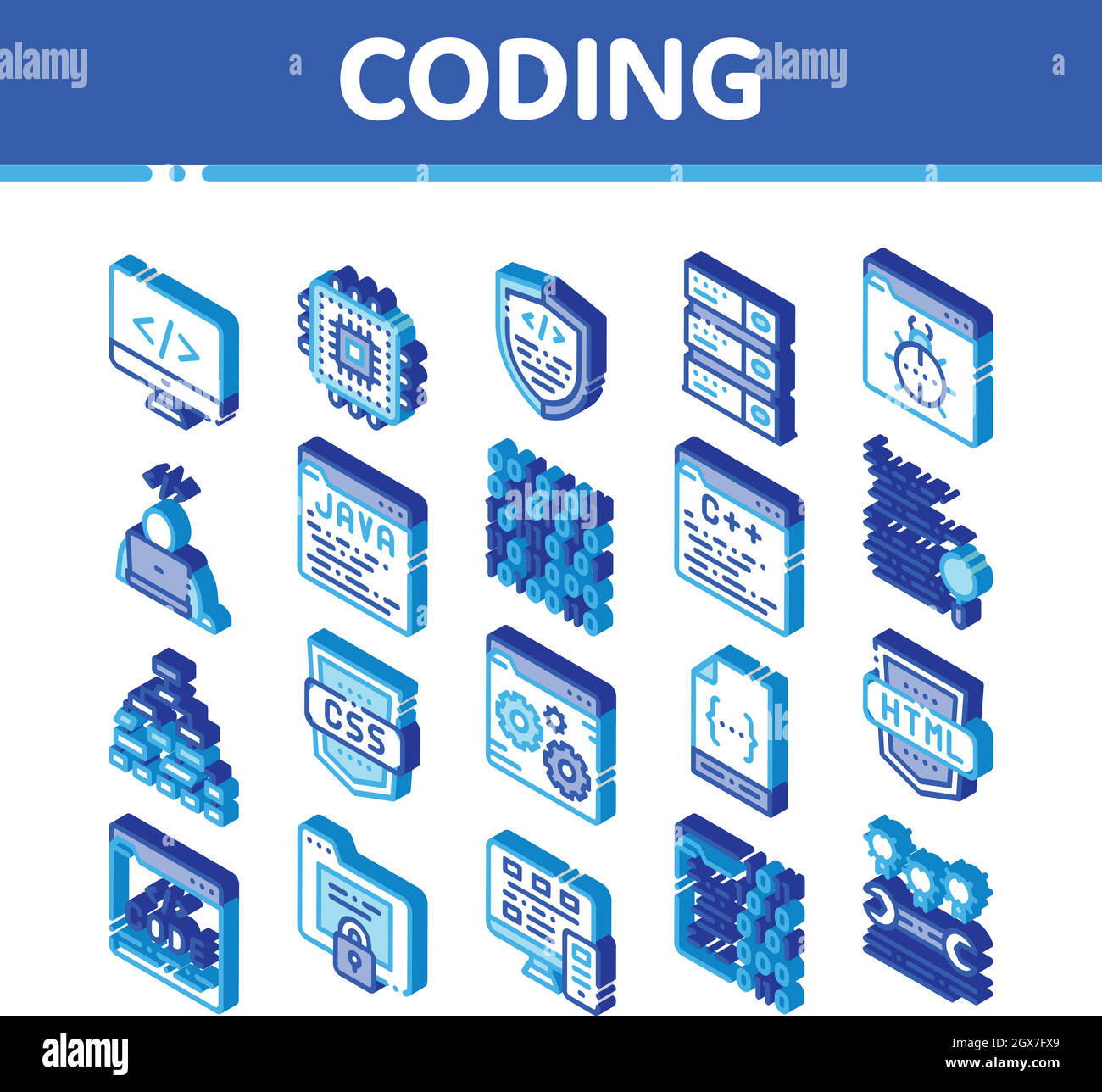 Set di icone isometriche vettoriali del sistema di codifica Illustrazione Vettoriale