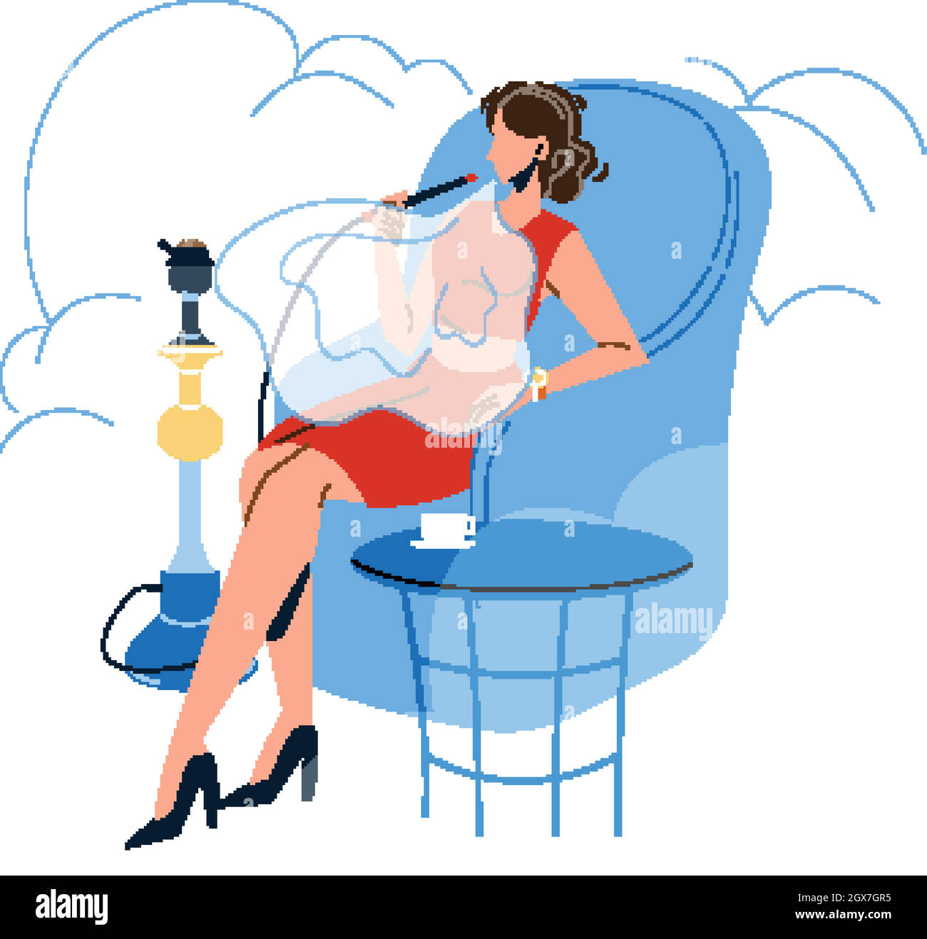 Donna che si rilassa e fuma in Hookah Cafe Vector Illustrazione Vettoriale