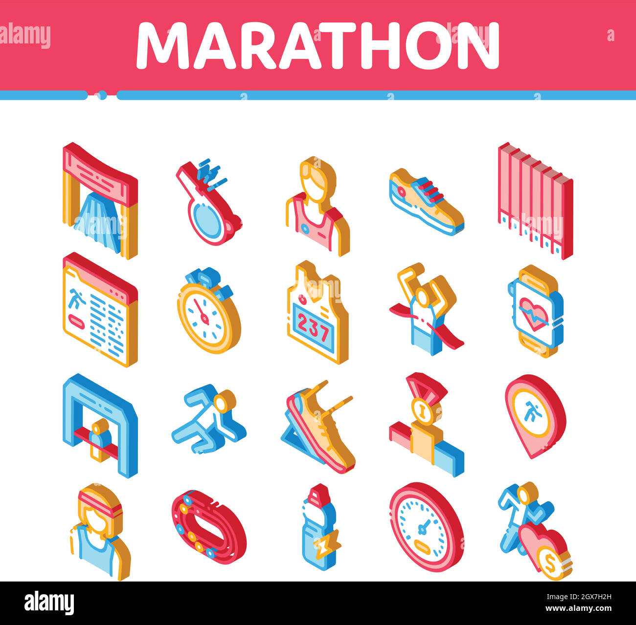 Marathon Isometric Elements Icons Imposta vettore Illustrazione Vettoriale