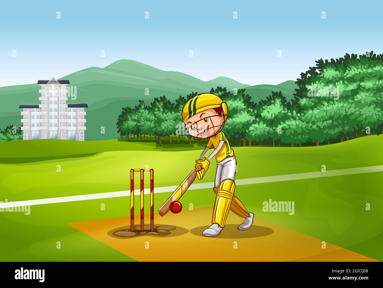 Ragazzo che gioca a cricket in campo Illustrazione Vettoriale