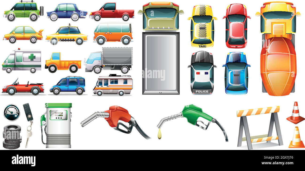 Diversi tipi di automobili e benzina Illustrazione Vettoriale