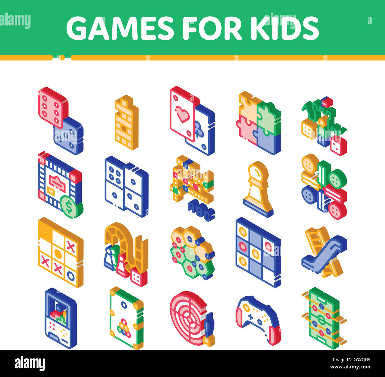 Giochi interattivi per bambini Set di icone isometriche vettoriali Illustrazione Vettoriale