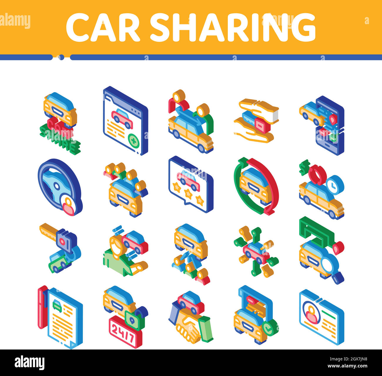 Car Sharing Business Isometrica icone Imposta vettore Illustrazione Vettoriale