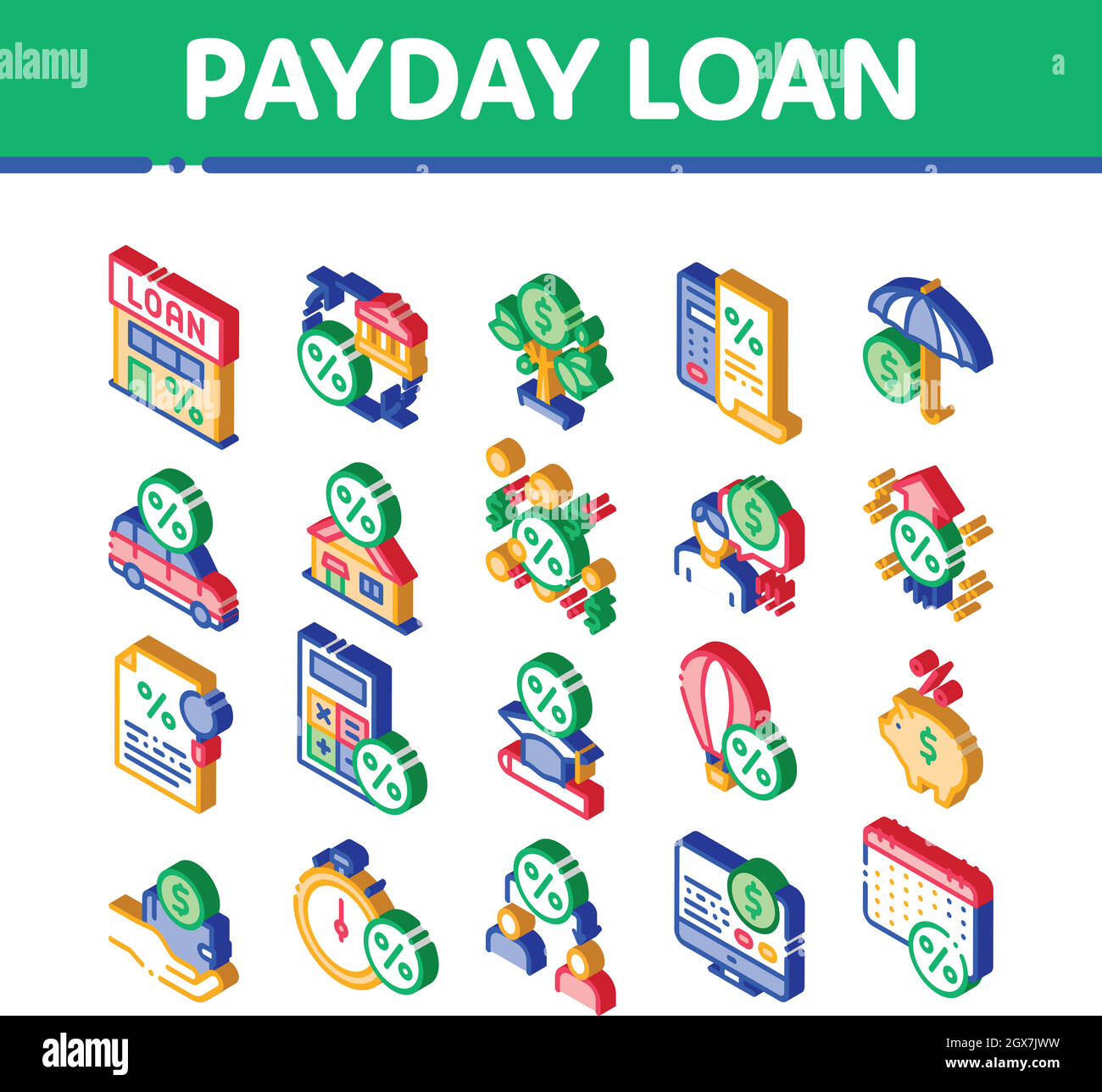 Payday Loan Isometric Elements Icons Imposta vettore Illustrazione Vettoriale