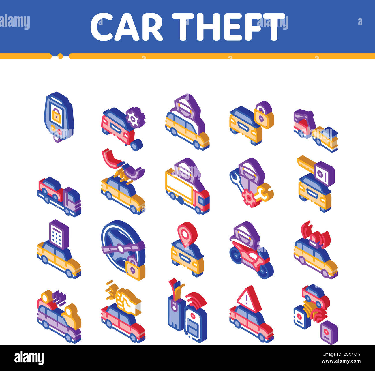 Car Theft Isometric Elements (furto auto) - Set Vector (Imposta vettore) Illustrazione Vettoriale