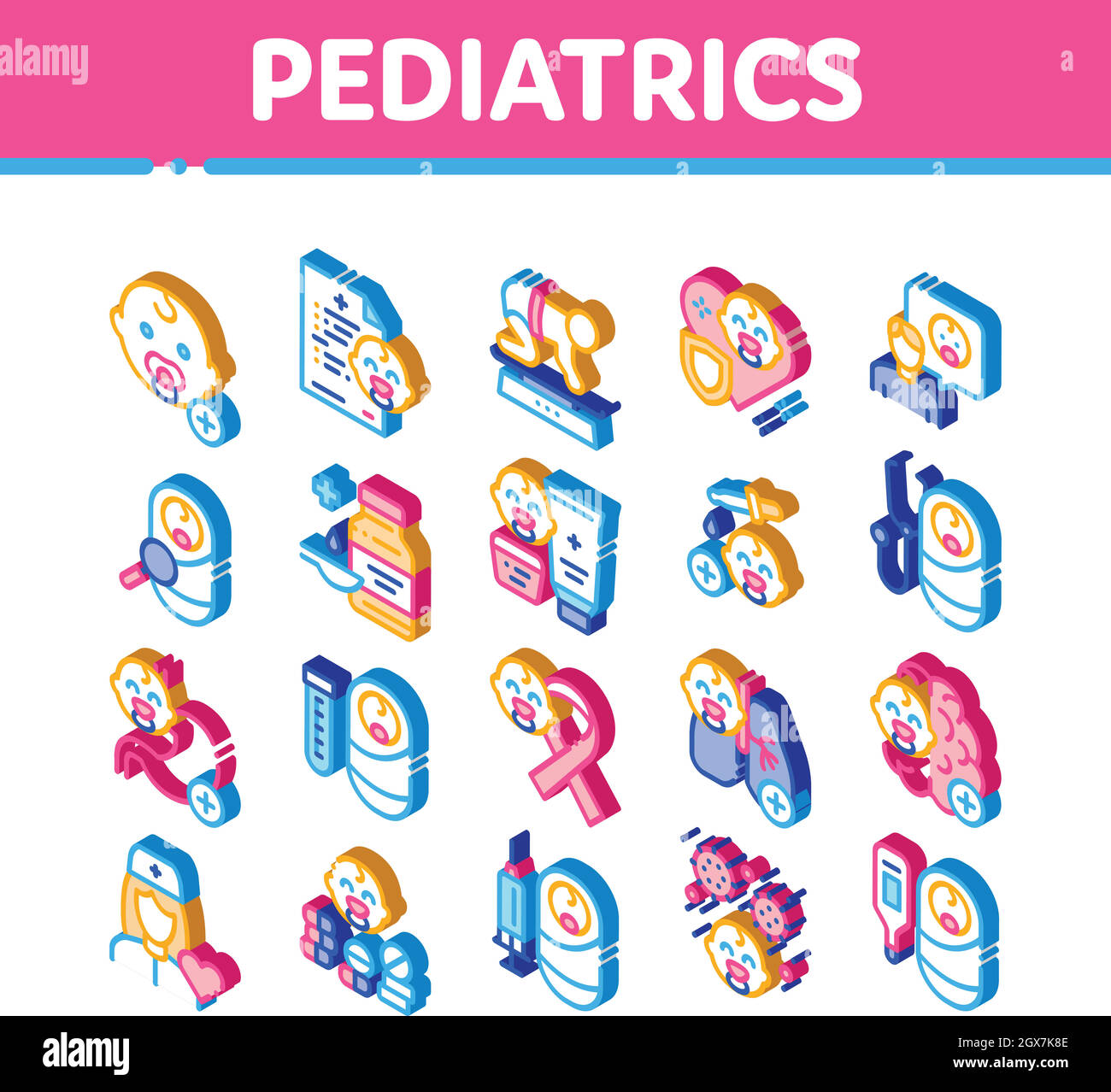 Set di icone isometriche mediche pediatriche vettore Illustrazione Vettoriale