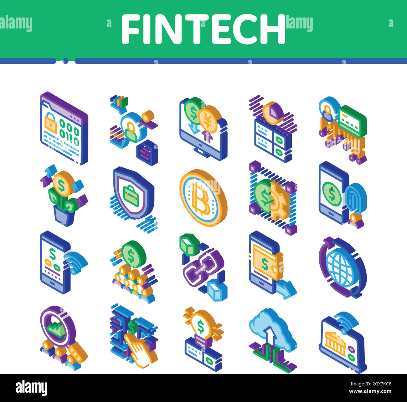 Vettore di set icone isometriche di FinTech Innovation Illustrazione Vettoriale