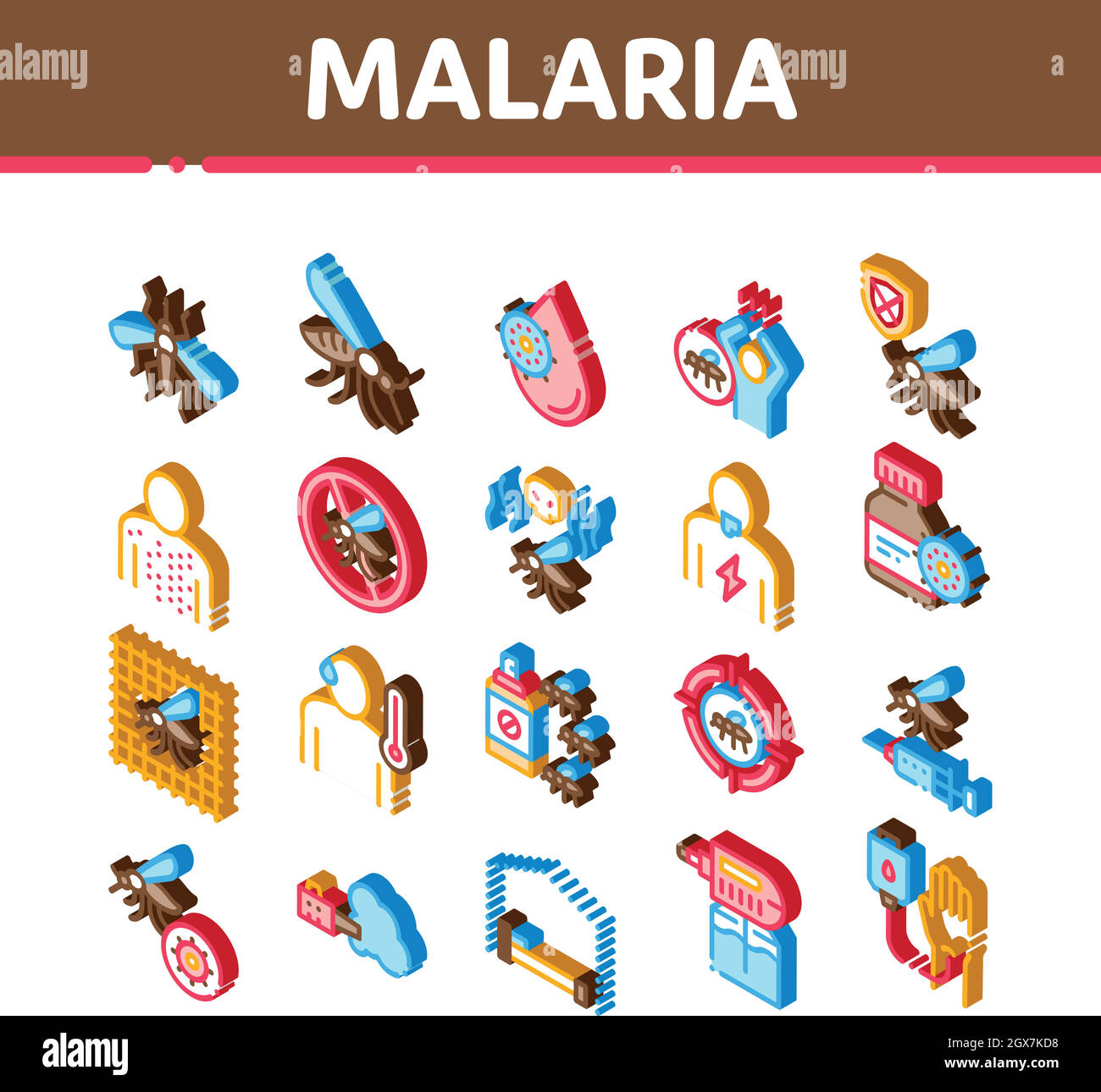 Malaria malattia Dengue icone isometriche Set vettore Illustrazione Vettoriale