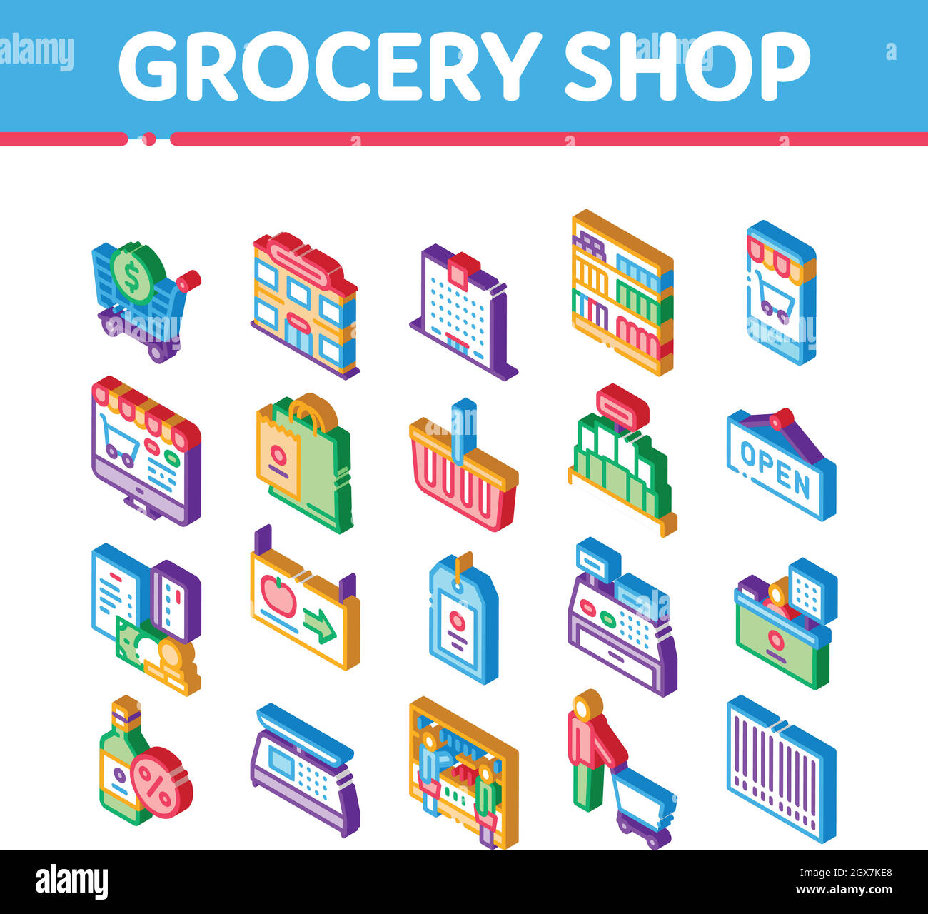 Negozio di alimentari Shopping icone isometriche Set Vector Illustrazione Vettoriale