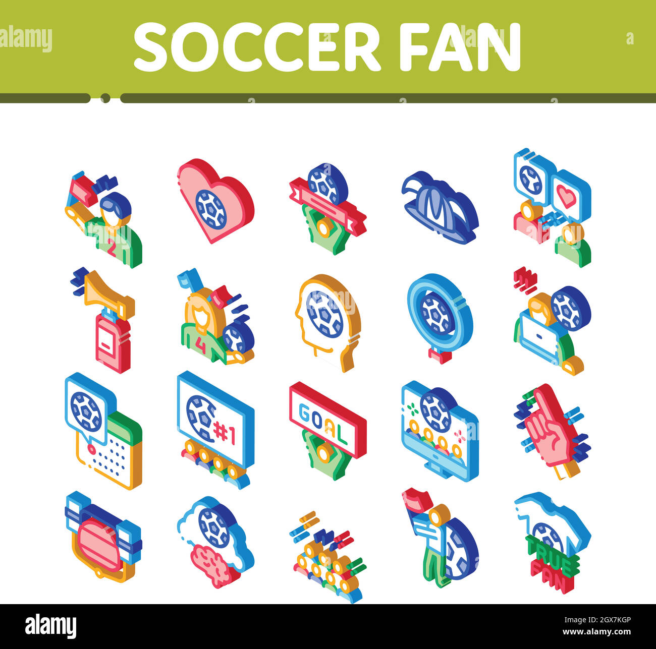 Attributi del ventilatore di calcio icone isometriche Imposta vettore Illustrazione Vettoriale