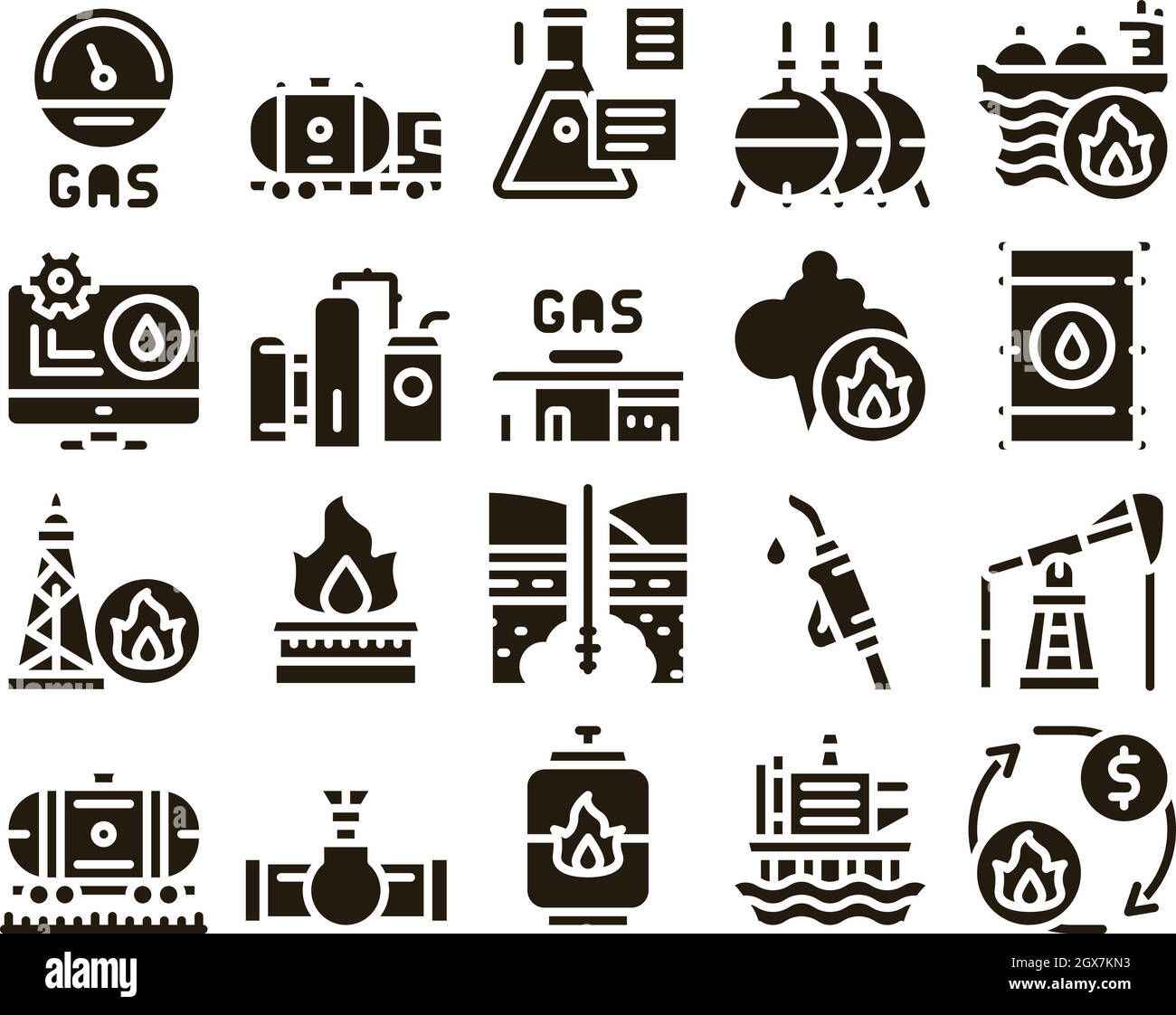 Vettore di set Glyph per industria del combustibile a gas Illustrazione Vettoriale
