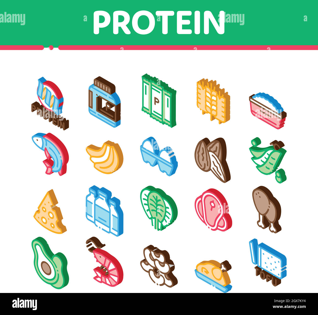 Vettore set icone isometriche per nutrizione proteica Illustrazione Vettoriale