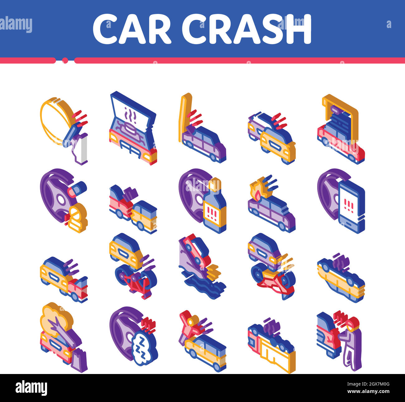 Auto Crash incidente icone isometriche Set Vector Illustrazione Vettoriale