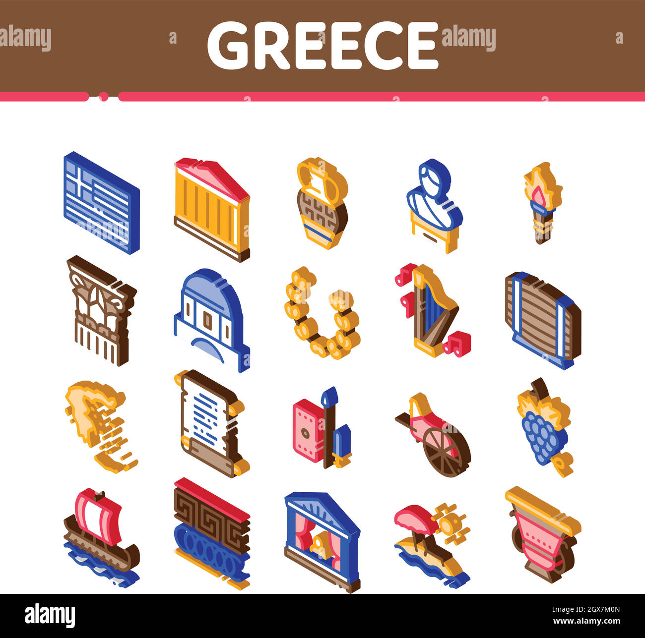 Grecia Paese Storia icone isometriche Imposta vettore Illustrazione Vettoriale