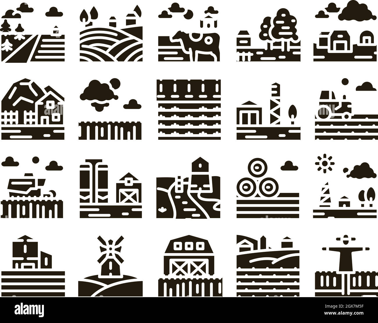 Vettore set glyph orizzontale agricolo Illustrazione Vettoriale