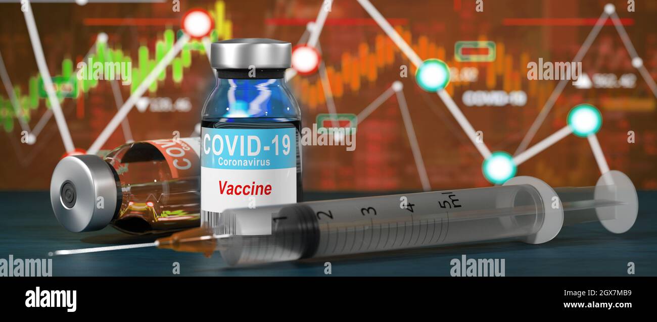 Economia mondiale e concetto di vaccino contro il virus corona. L'impatto del coronavirus sulla borsa valori. Foto Stock