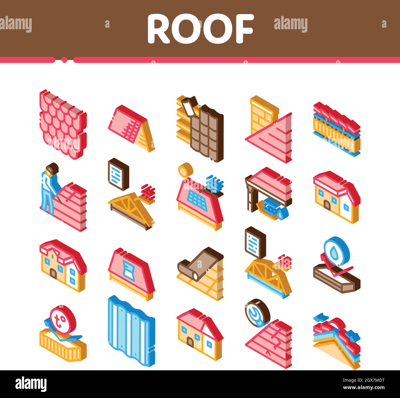 Materiale Housetop del tetto icone isometriche Imposta vettore Illustrazione Vettoriale