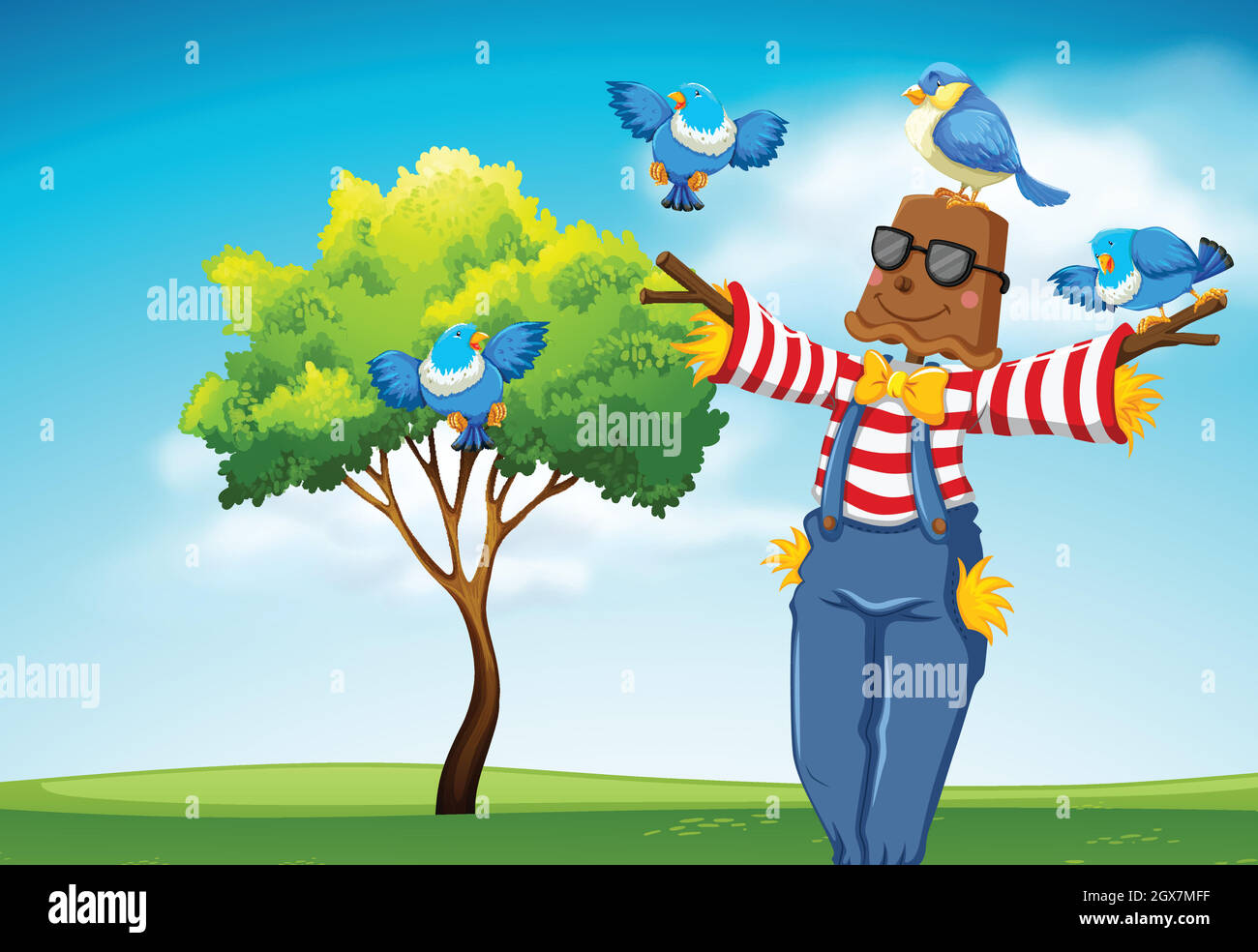 Scarecrow con la scena degli uccelli blu Illustrazione Vettoriale
