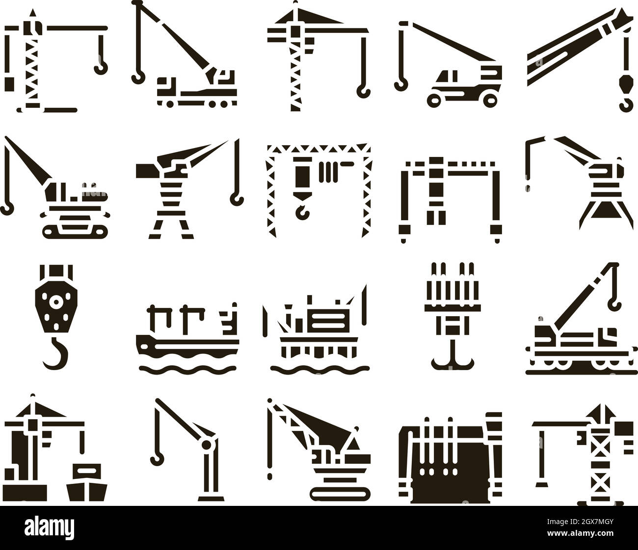 Macchina da costruzione gru Set Glyph Vector Illustrazione Vettoriale