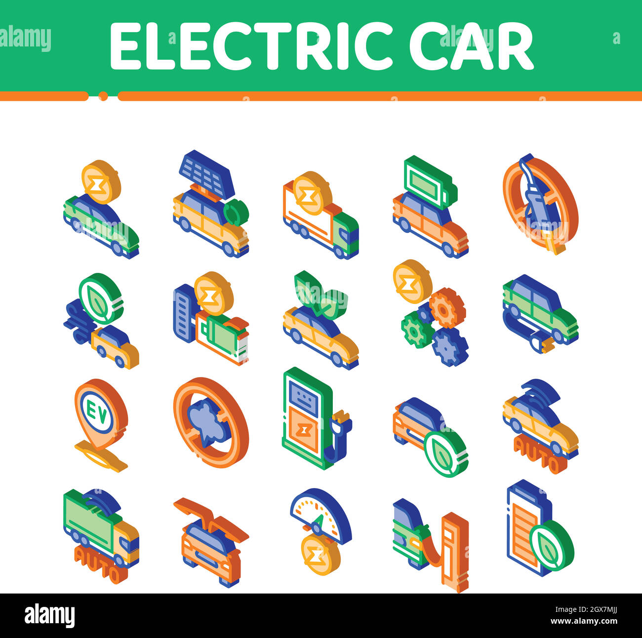 Vettore impostato icone isometriche per il trasporto di auto elettriche Illustrazione Vettoriale
