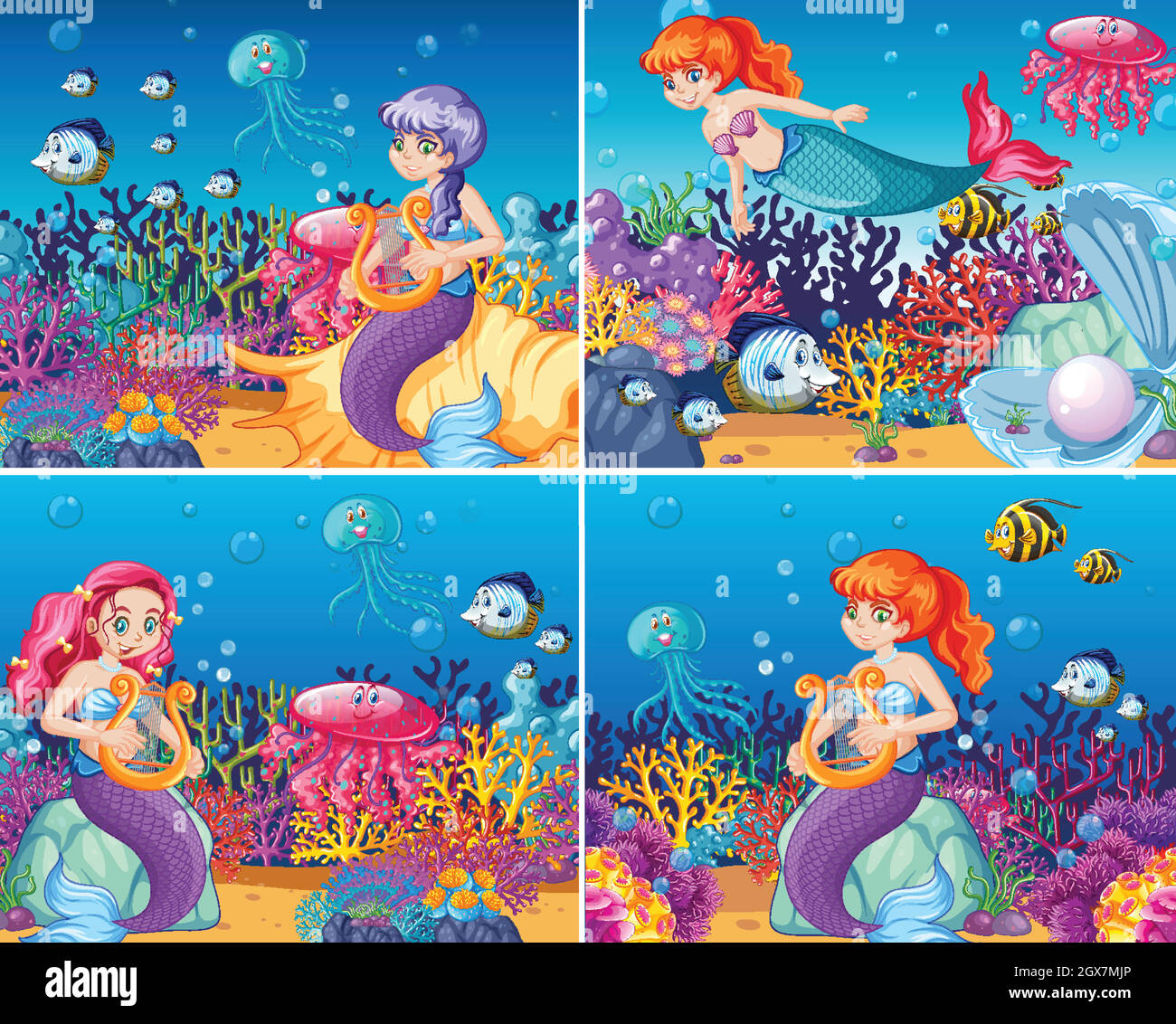 Set di graziose sirena con stile cartoon di scena a tema marino animale Illustrazione Vettoriale