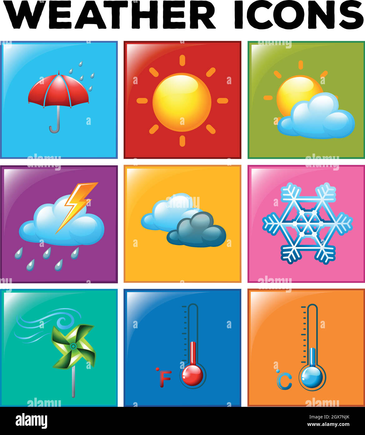 Icone meteo diverse su sfondo a colori Illustrazione Vettoriale