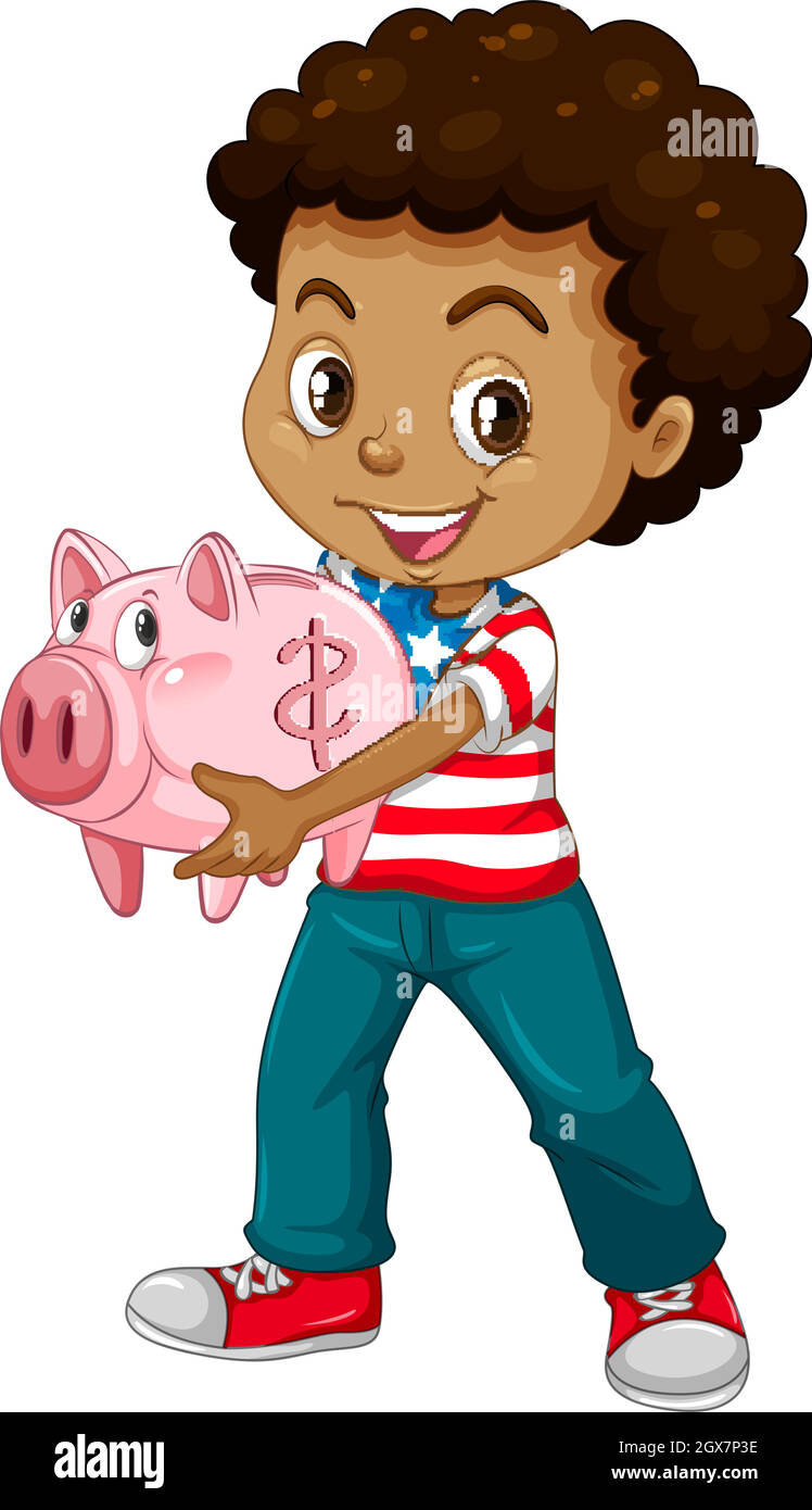 Boy americano africano e Piggy banca Illustrazione Vettoriale