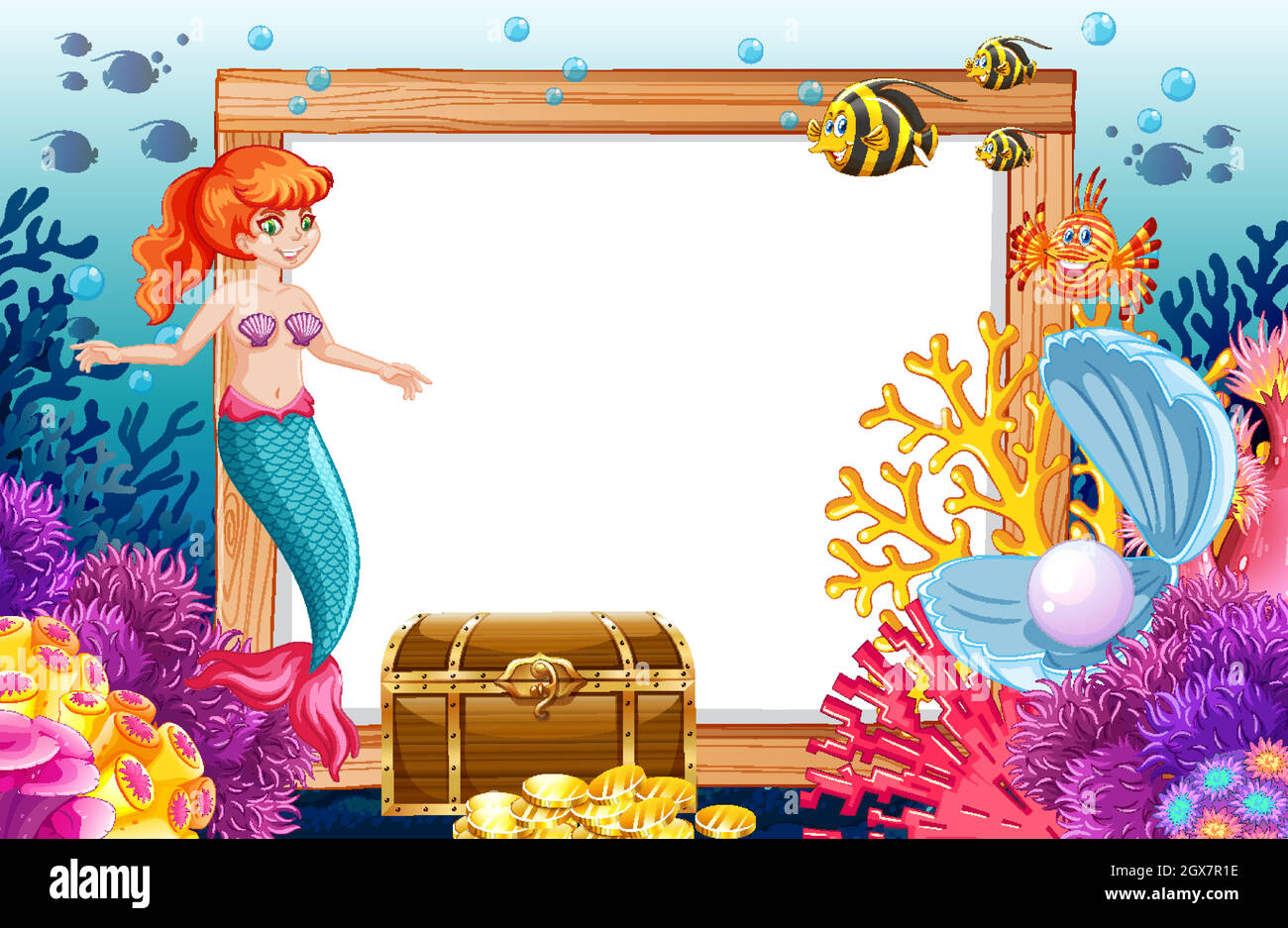 Tema Sirenetta e animale marino con cartoni animati bianchi su sfondo marino Illustrazione Vettoriale