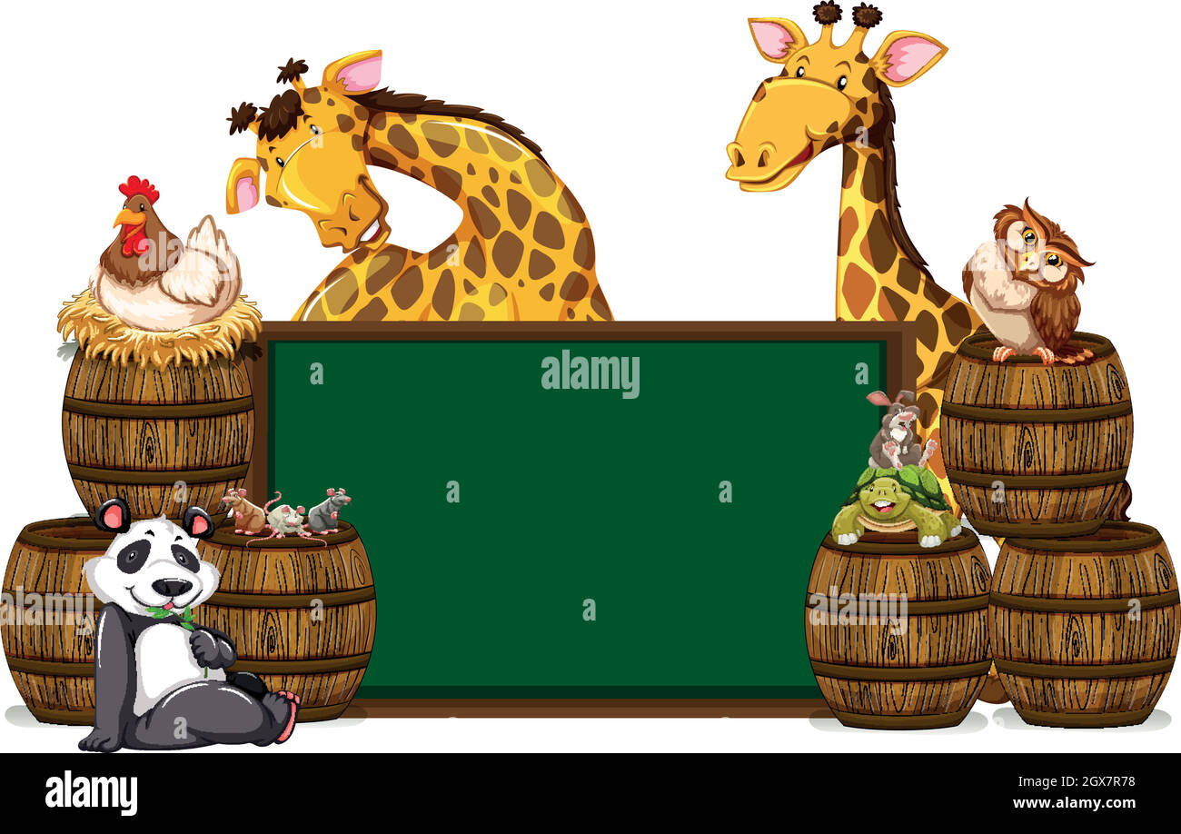 Green board con giraffe e altri animali Illustrazione Vettoriale