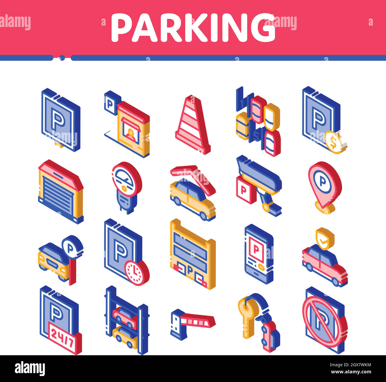 Elementi isometrici del parcheggio auto icone Imposta vettore Illustrazione Vettoriale