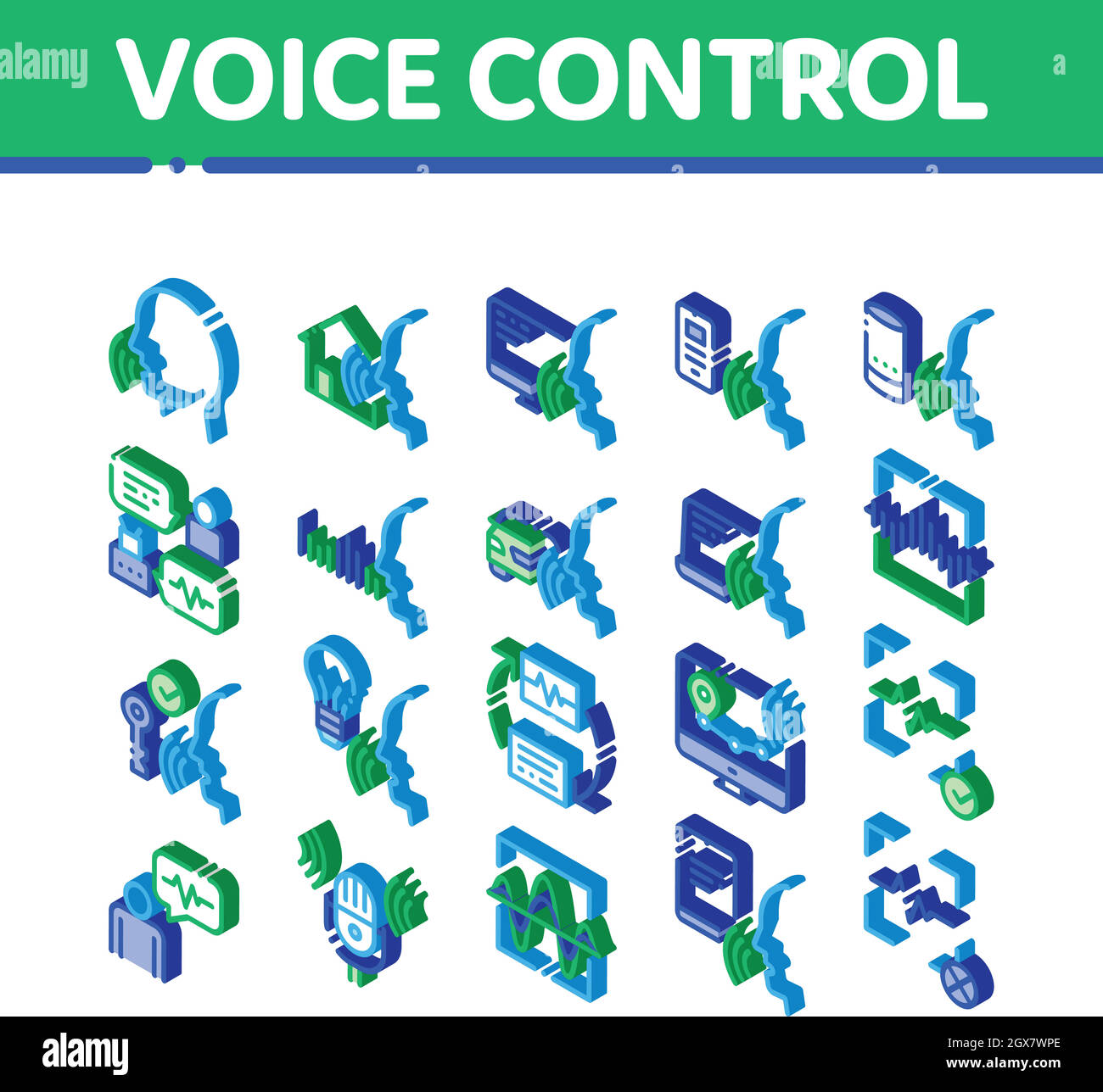 Controllo vocale elementi isometrici icone Imposta vettore Illustrazione Vettoriale