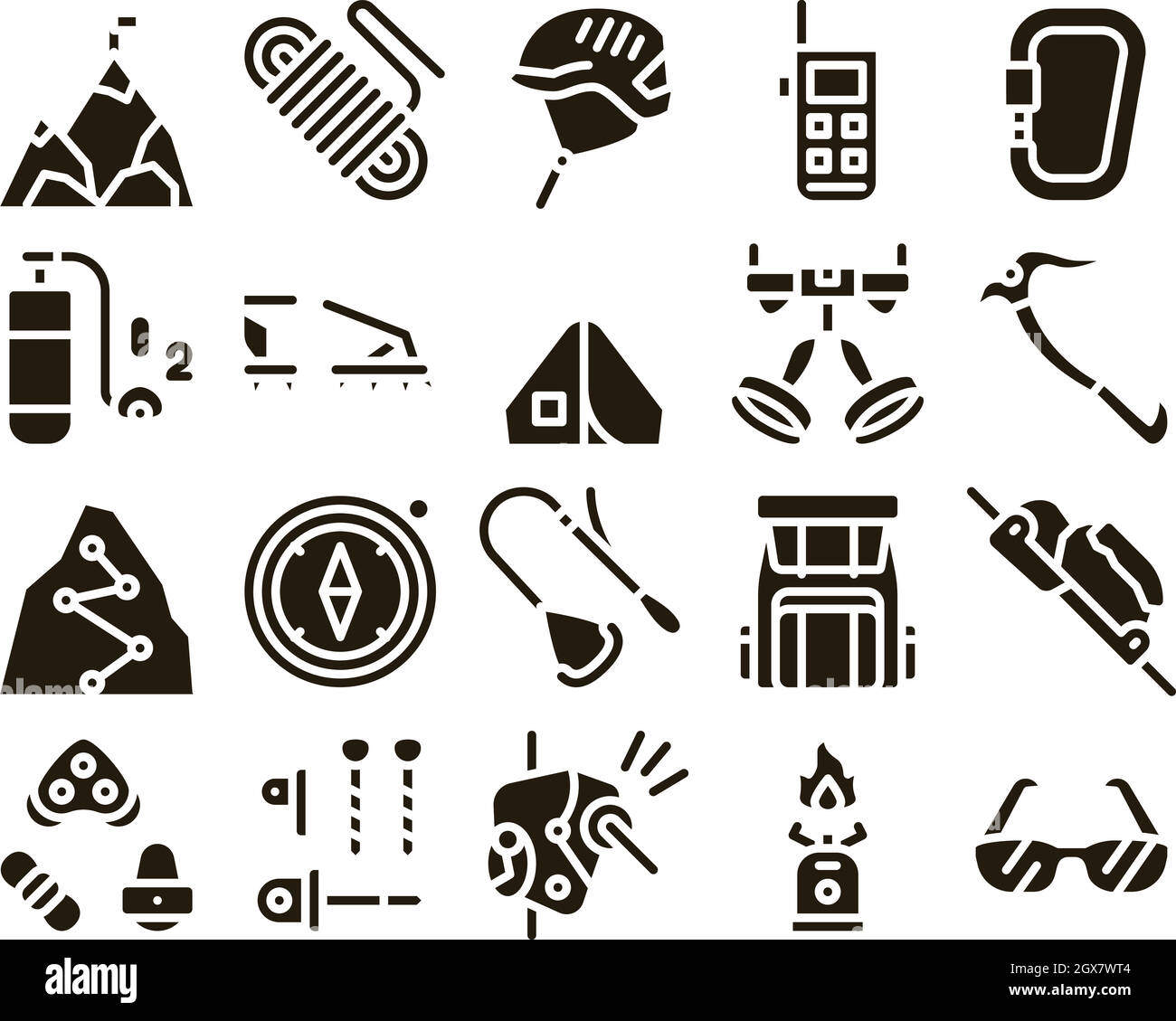 Alpinismo elementi di raccolta icone vettoriali impostato Illustrazione Vettoriale